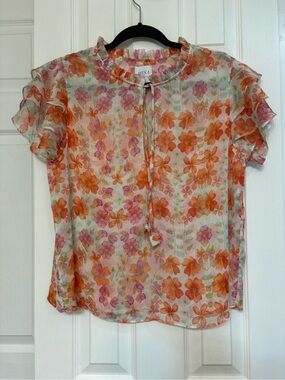 Misa Los Angeles Orange and Pink Floral Sheer Ruffle Blouse Sz Small Spring